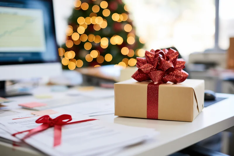 Gift box with red glitter bow on office desk near computer with blurred christmas tree in background
