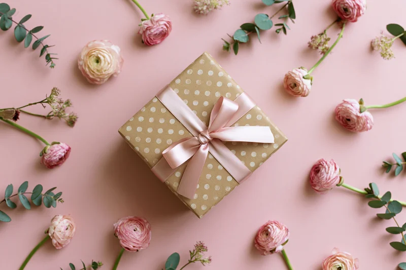 Gift box wrapped in kraft paper with white polka dots and pink ribbon bow, surrounded by ranunculus flowers and eucalyptus on pink background