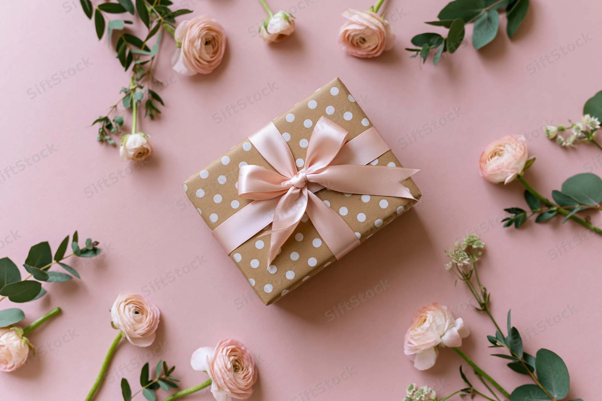 Gift box wrapped in kraft paper with white polka dots and pink ribbon bow, surrounded by roses and eucalyptus on pink surface