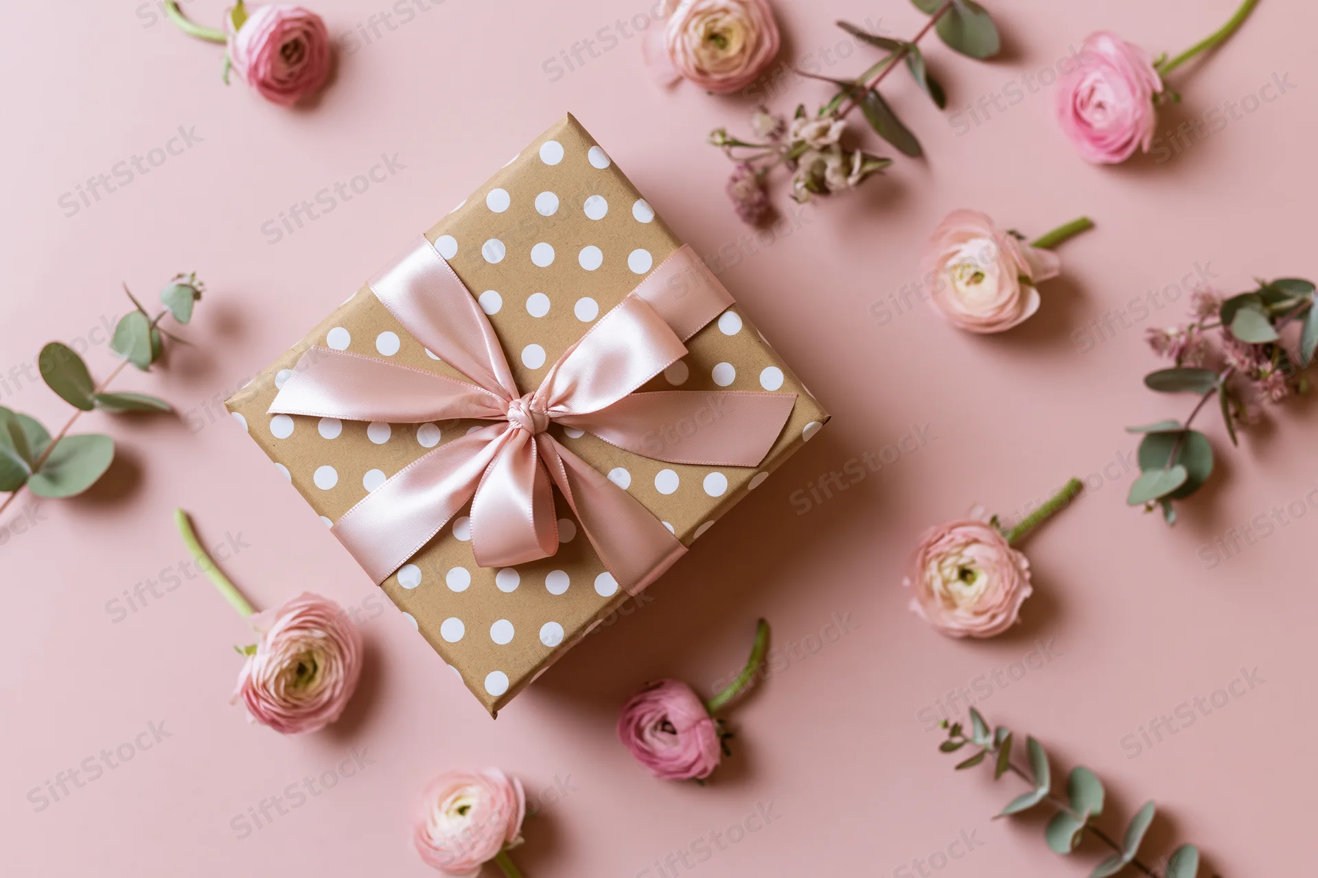 Gift box wrapped in kraft paper with white polka dots and pink ribbon bow, surrounded by pink roses and eucalyptus on a soft pink surface