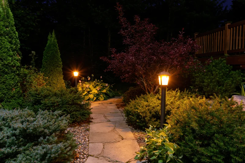 Stone garden path illuminated by bollard lamps at night surrounded by shrubs and evergreens
