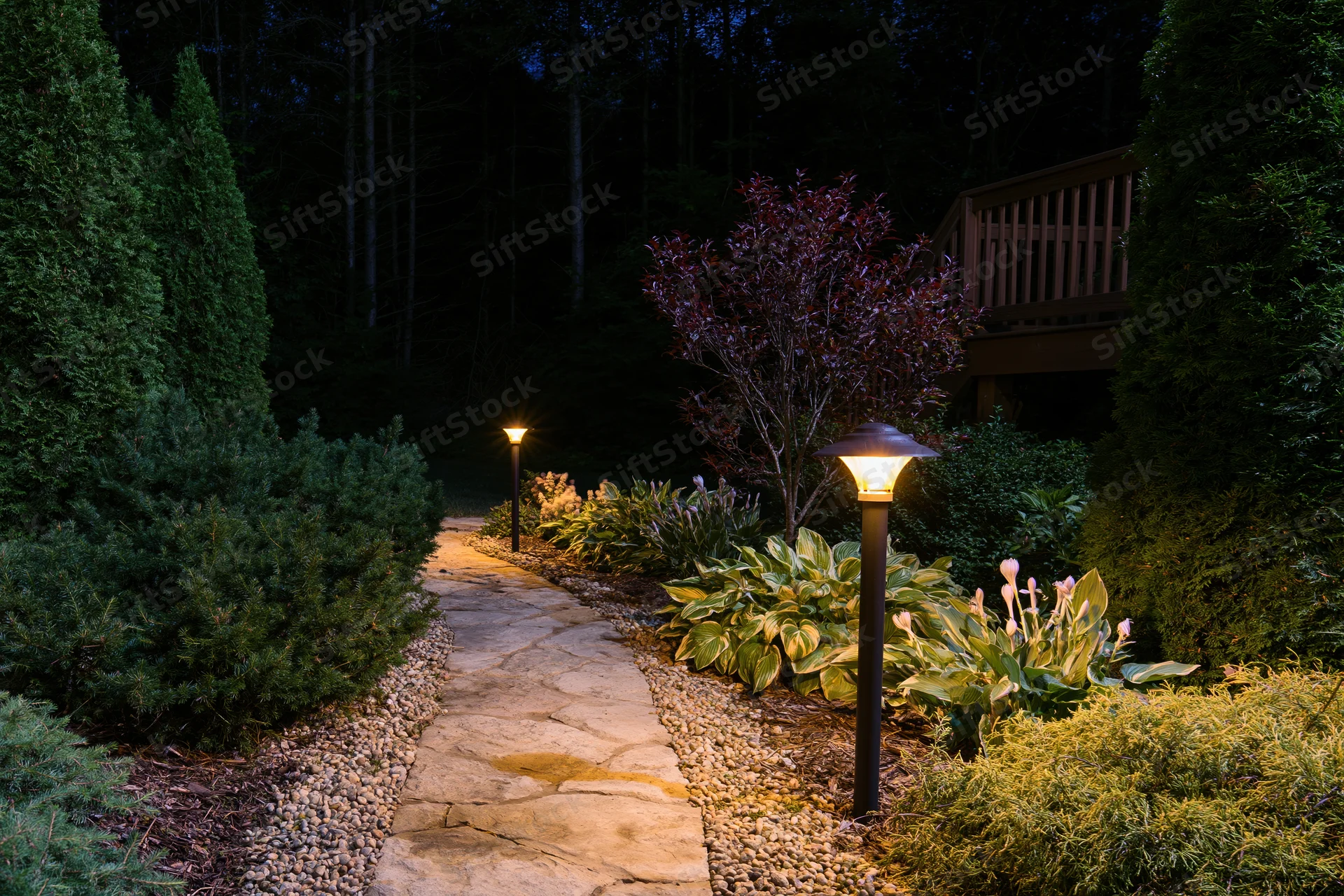 Stone garden path illuminated by tall bollard lamps at night surrounded by shrubs and plants