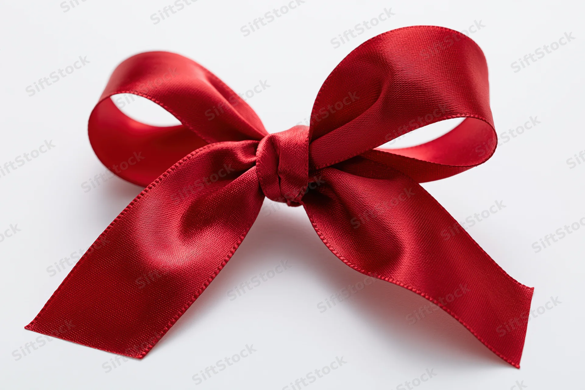 Red satin bow with looped tails on white background