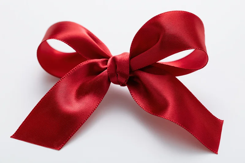 Red satin bow with looped tails on white background
