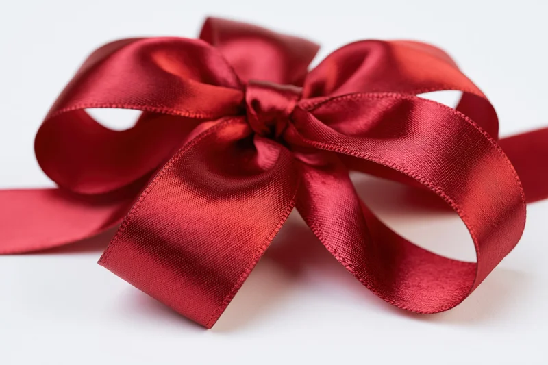 Red satin ribbon tied into a large gift bow with curling tails on white background