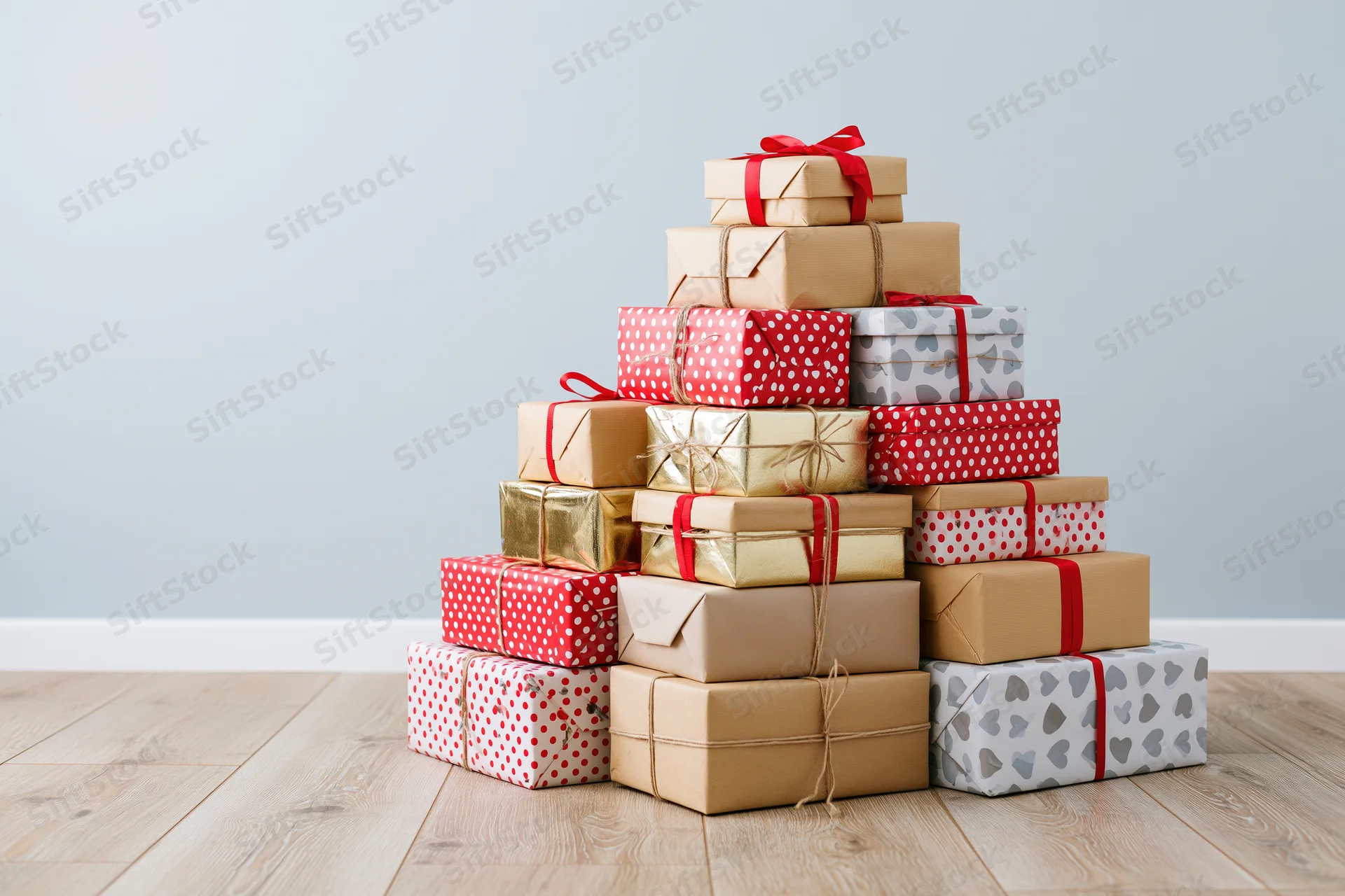 Stack of wrapped gift boxes arranged in pyramid shape on wooden floor