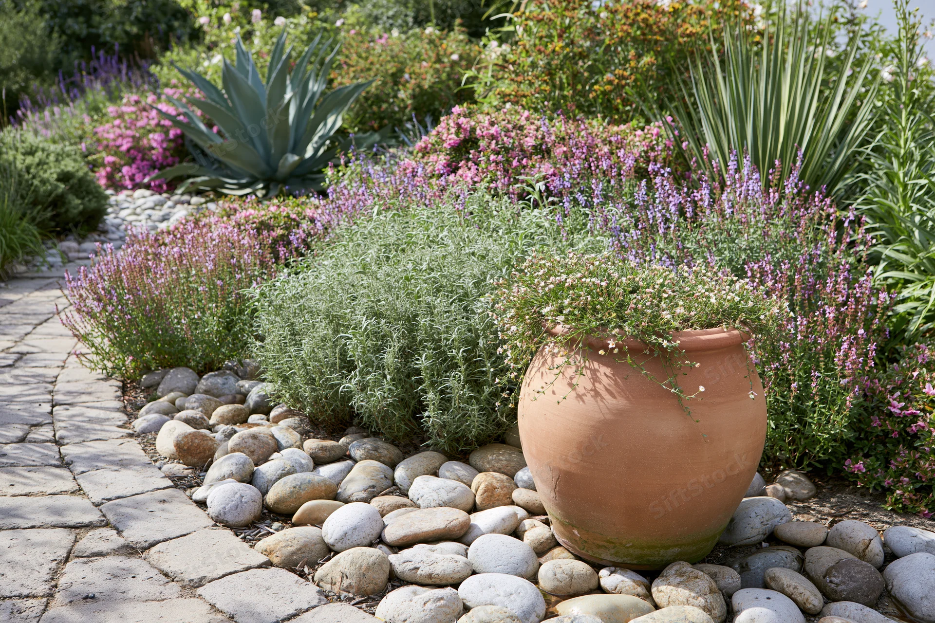 Large terracotta urn with trailing flowers in a garden bordered by stones and greenery along a stone pathway