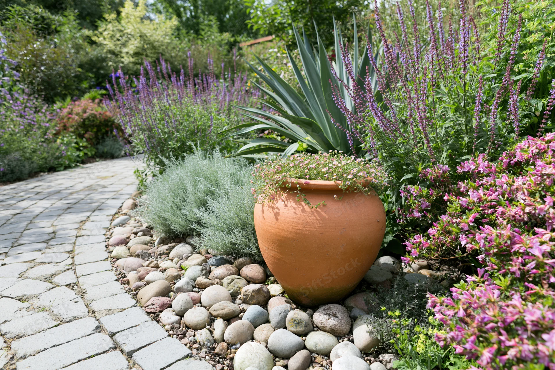 Large terracotta urn with trailing flowers beside a stone garden path surrounded by greenery and blooming plants