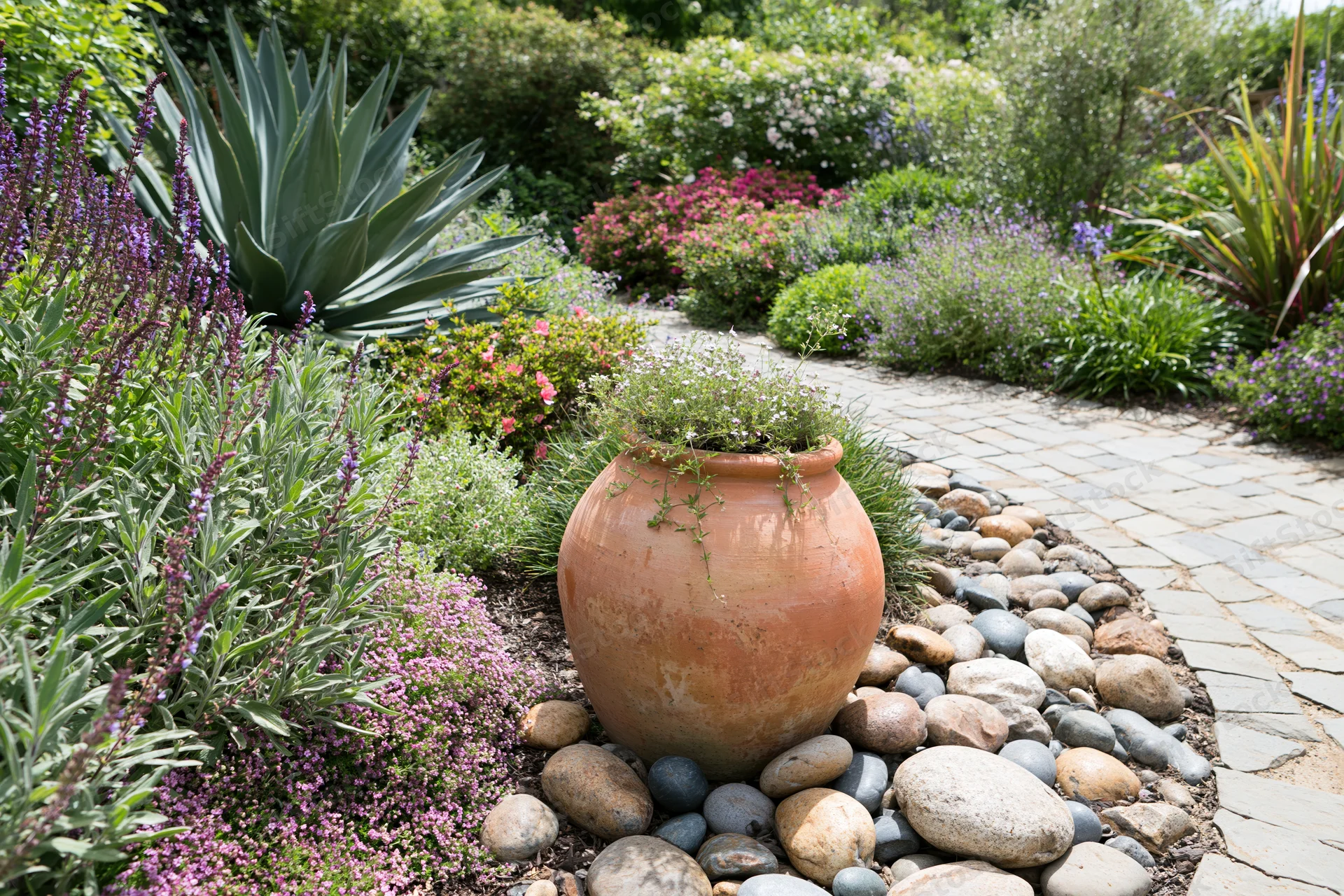 Large terracotta urn planted with trailing flowers in a garden beside a stone pathway surrounded by greenery and flowering plants