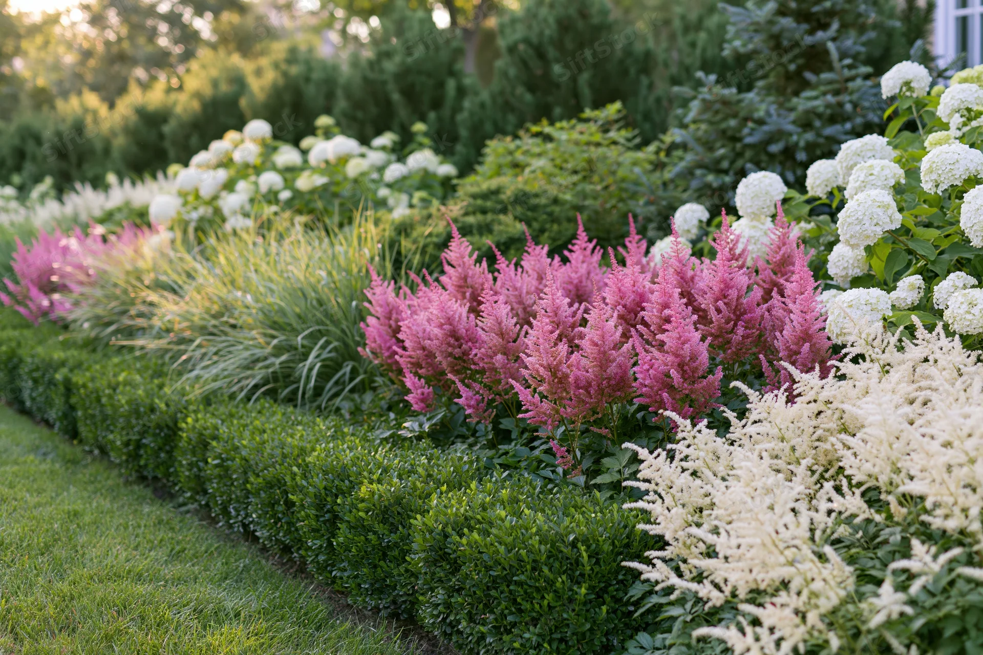 Layered garden border in full summer bloom with pink and white astilbe and hydrangea beside a trimmed hedge and lawn