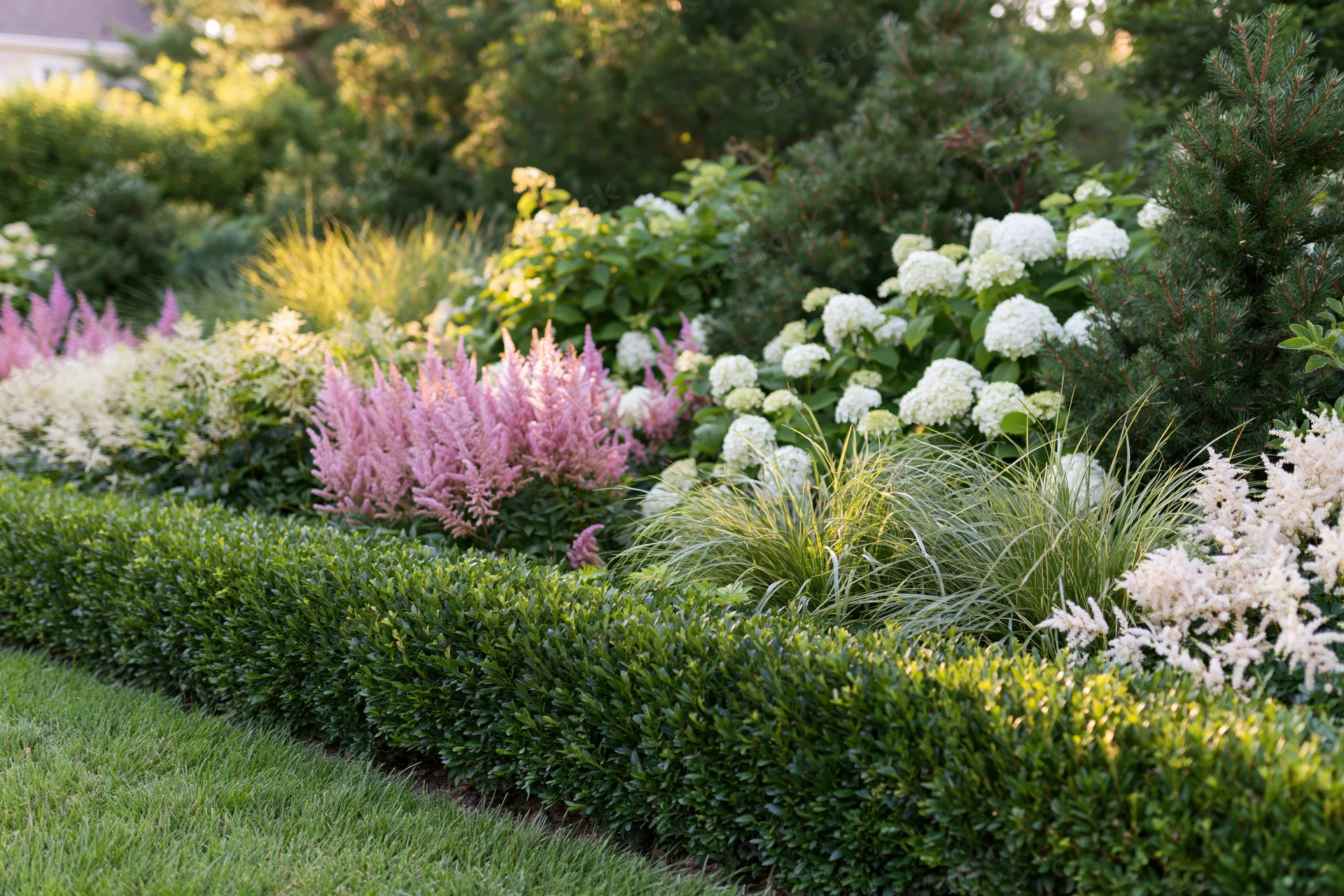 Layered garden border in full summer bloom with pink astilbe, white hydrangea, and green boxwood hedge along a lawn