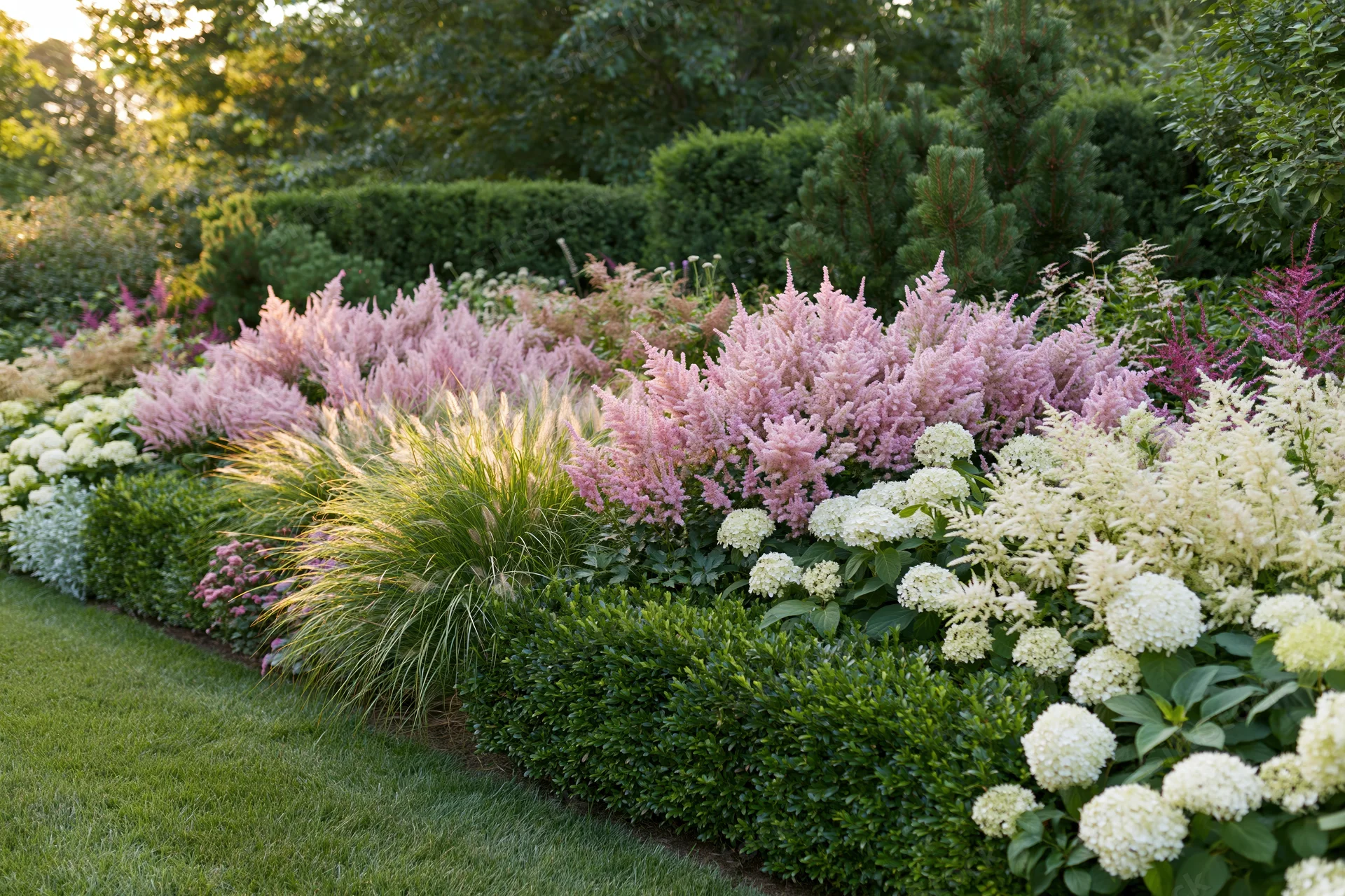 Layered garden border in full summer bloom with pink astilbe, white hydrangea, and ornamental grasses along a green hedge