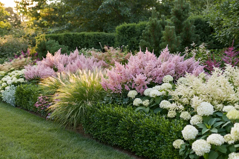 Layered garden border in full summer bloom with pink astilbe, white hydrangea, and ornamental grasses along a green hedge