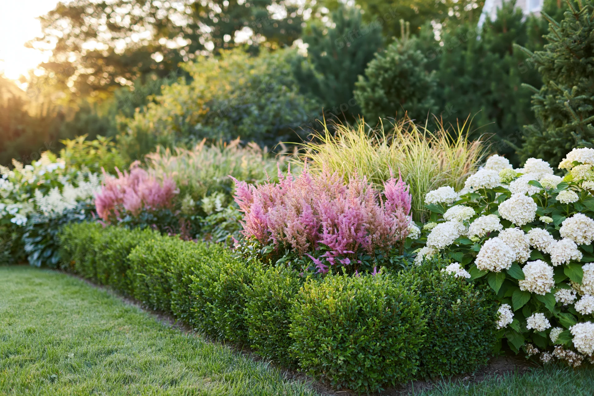 Layered garden border in full summer bloom with pink astilbe, white hydrangea, and green boxwood hedge along a lawn edge