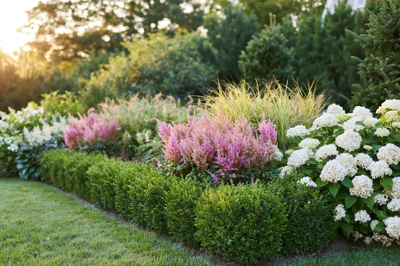 Layered garden border in full summer bloom with pink astilbe, white hydrangea, and green boxwood hedge along a lawn edge