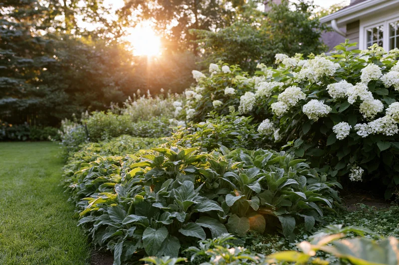 Lush backyard garden with blooming white hydrangeas and lambs ear plants along a grassy border at sunset