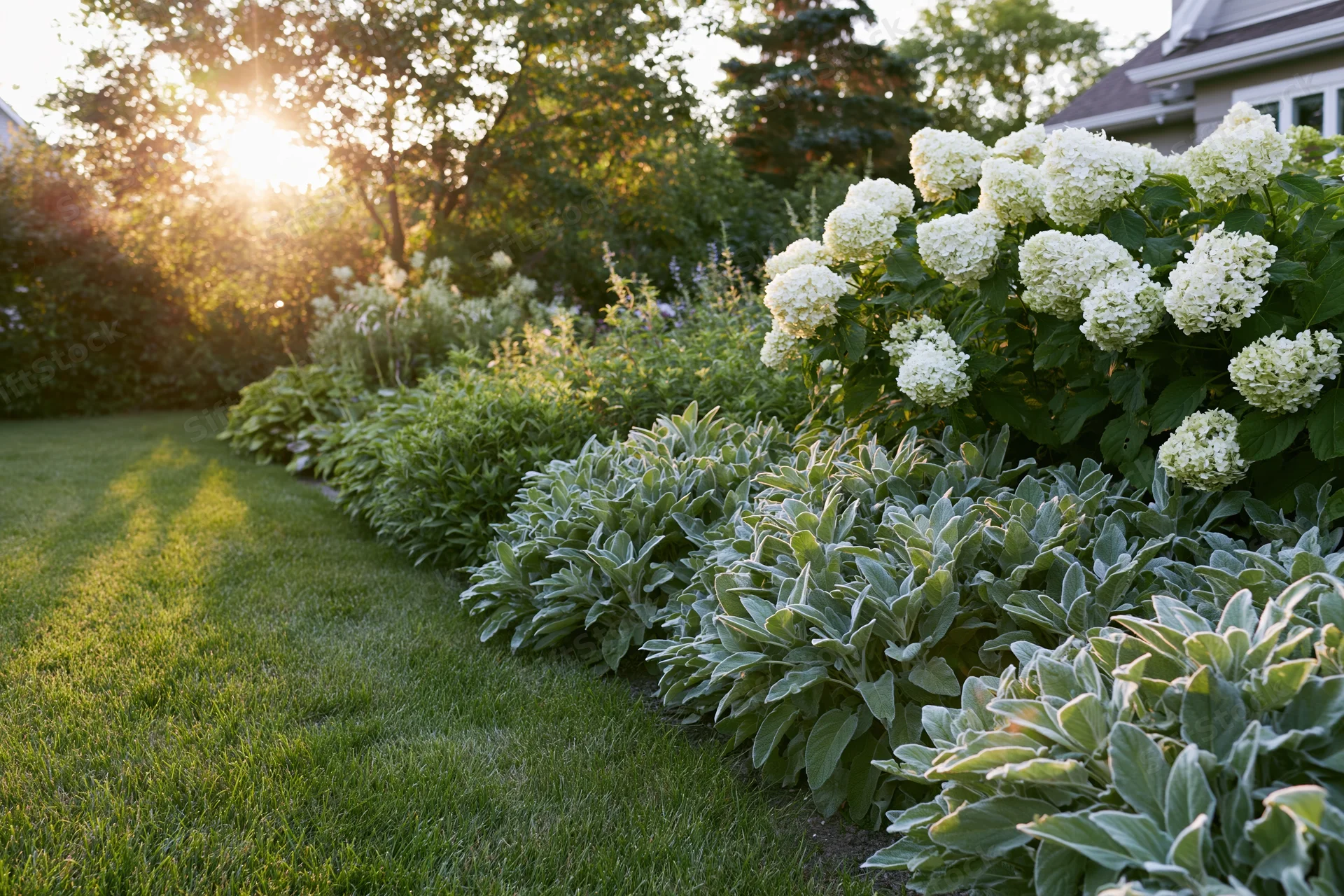 Lush backyard garden with lambs ear and white hydrangea plants lining a green lawn at sunset
