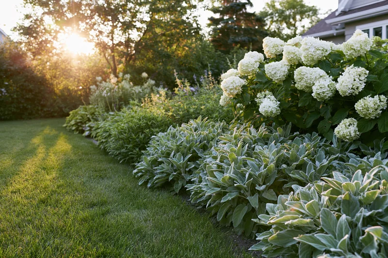 Lush backyard garden with lambs ear and white hydrangea plants lining a green lawn at sunset