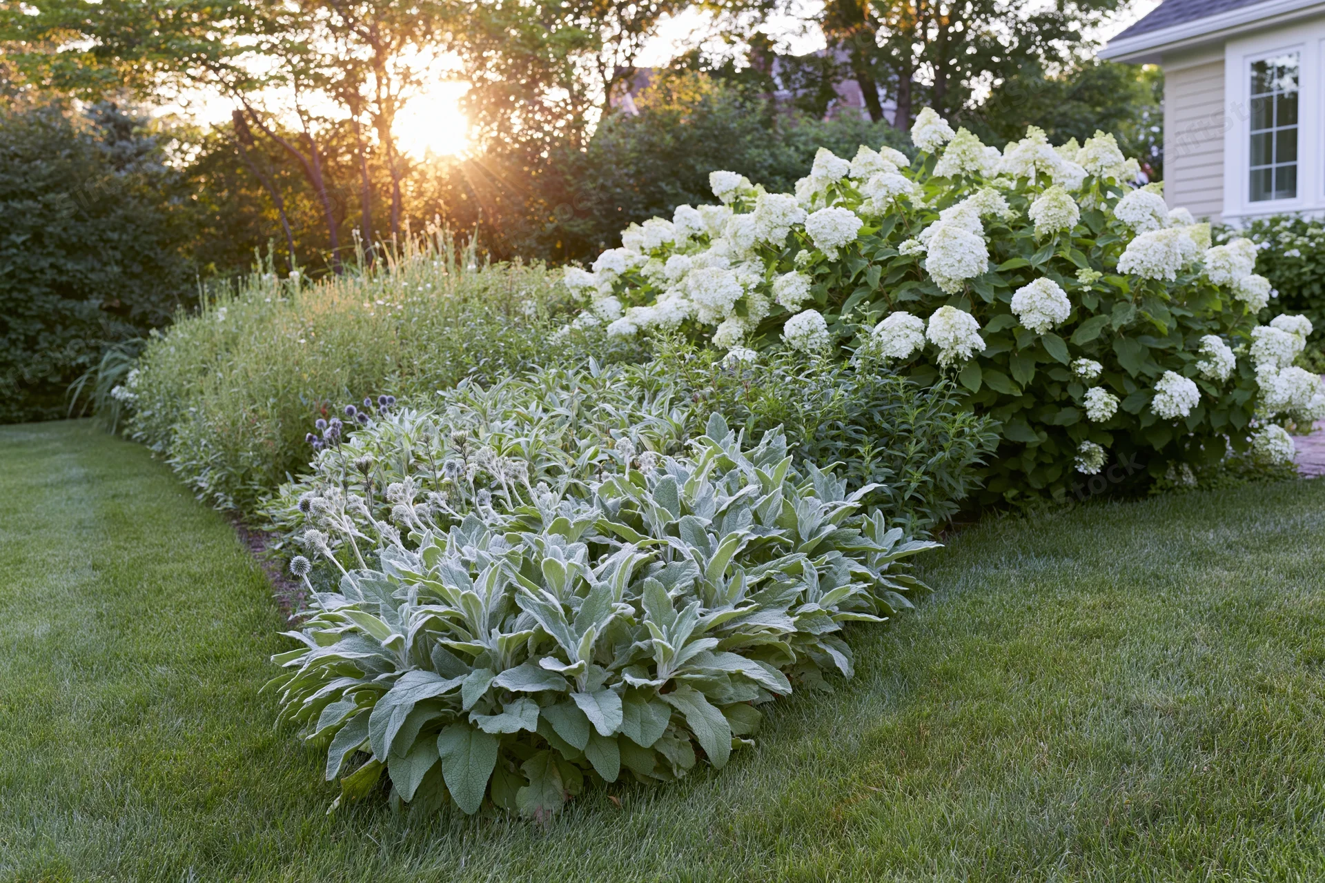 Lush backyard garden with lambs ear and white hydrangea blooming along a grassy border at sunset