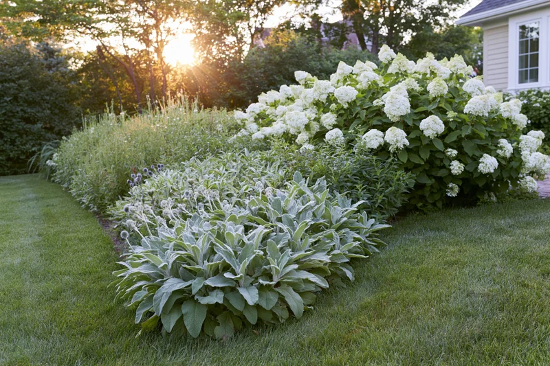 Lush backyard garden with lambs ear and white hydrangea blooming along a grassy border at sunset