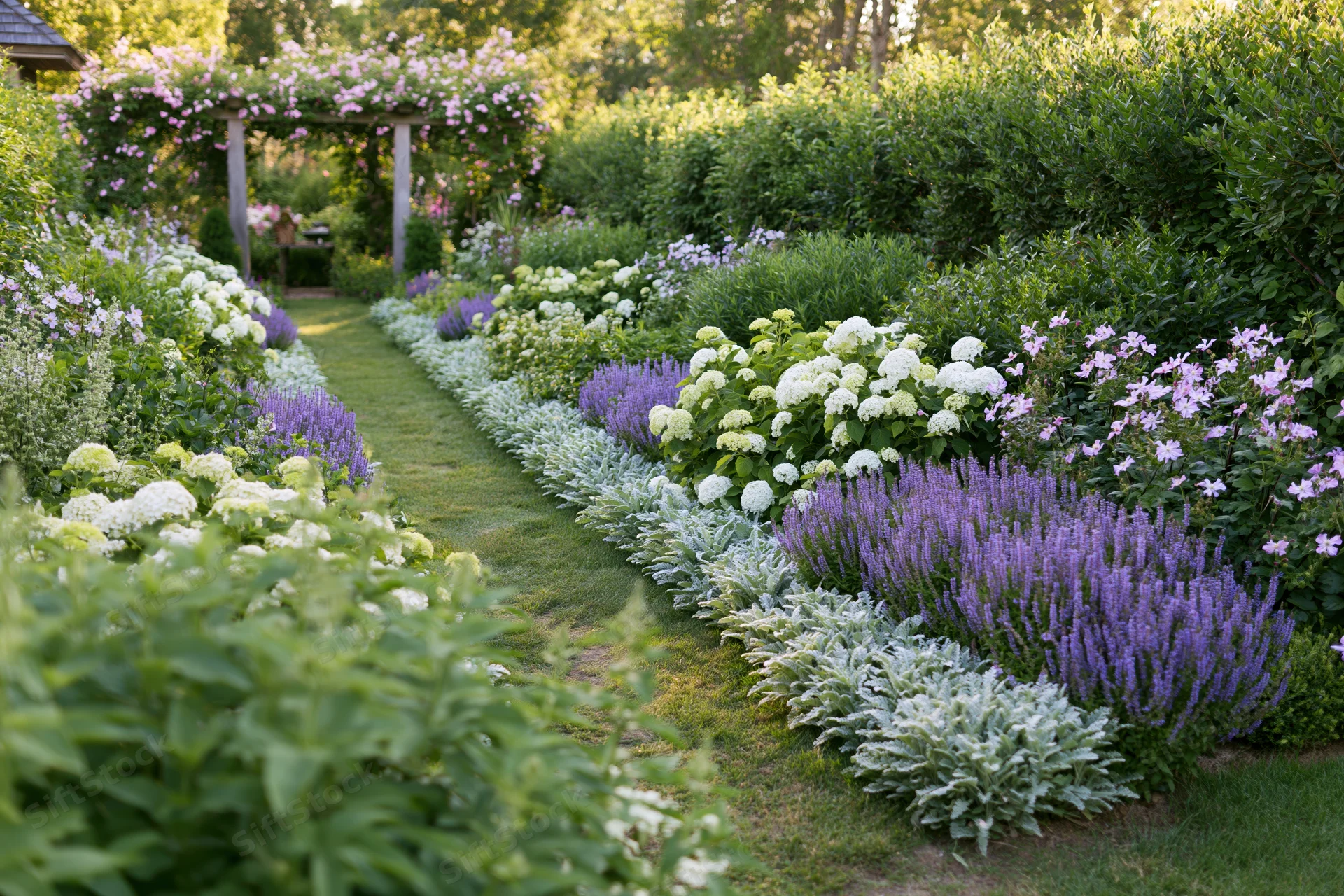 A lush cottage garden in full summer bloom with a grassy pathway lined by lavender, hydrangea and other flowering plants
