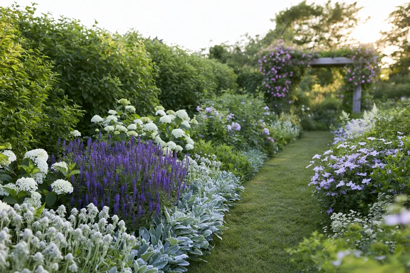 Lush cottage garden in full summer bloom with blooming flowers lining a grass pathway leading to a floral arch