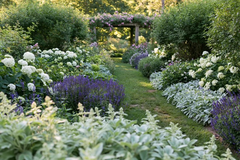 Lush cottage garden in full summer bloom with blooming hydrangeas and lavender lining a grassy path under a flowering arbor