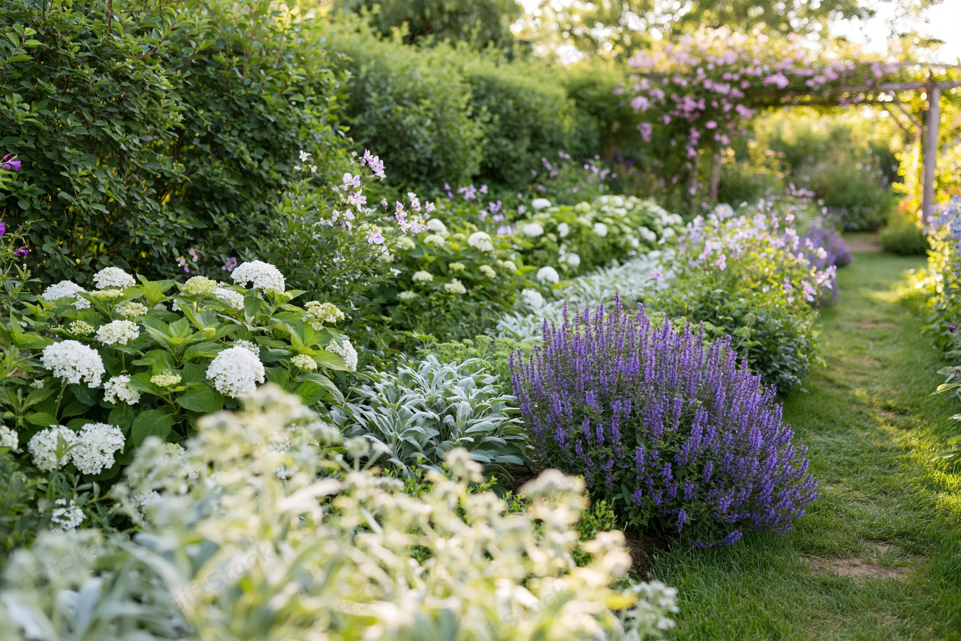 Lush cottage garden in full summer bloom with blooming flowers and green foliage along a grassy pathway