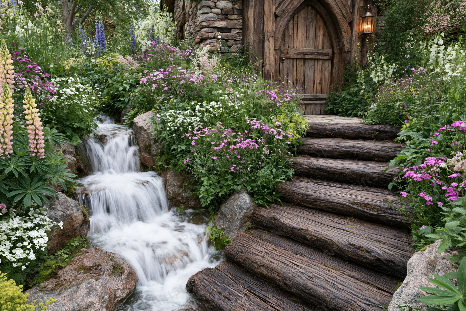 Cascading waterfall flows beside wooden steps leading to a stone cottage door surrounded by blooming flowers and greenery
