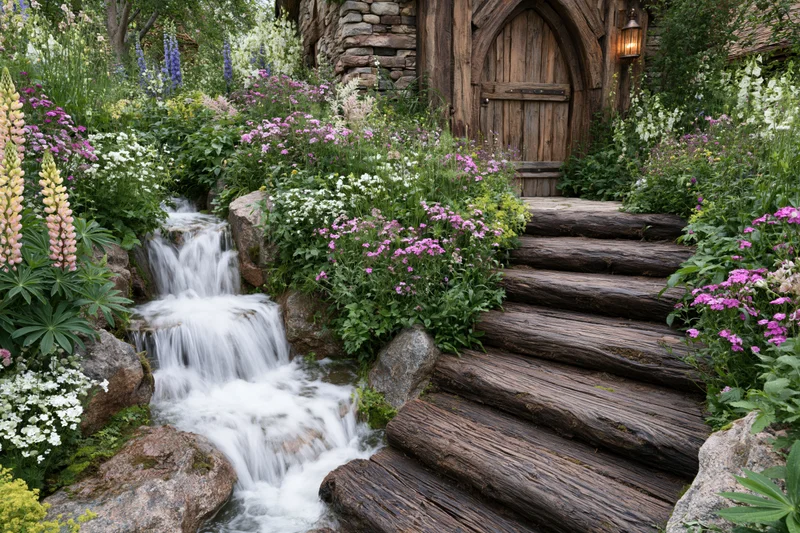 Cascading waterfall flows beside wooden steps leading to a stone cottage door surrounded by blooming flowers and greenery