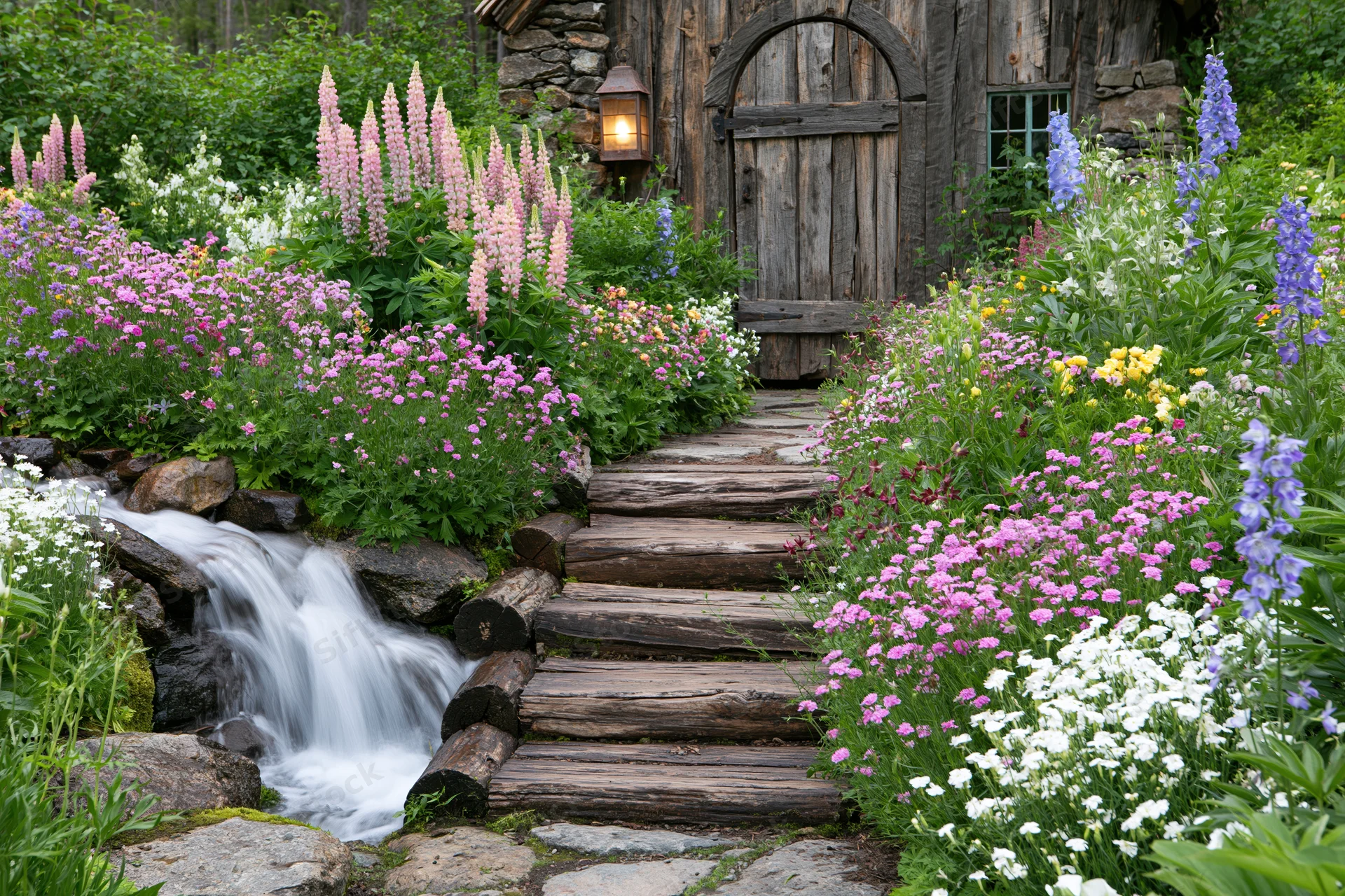 Wooden steps lead through a lush cottage garden with blooming flowers and a small cascading waterfall