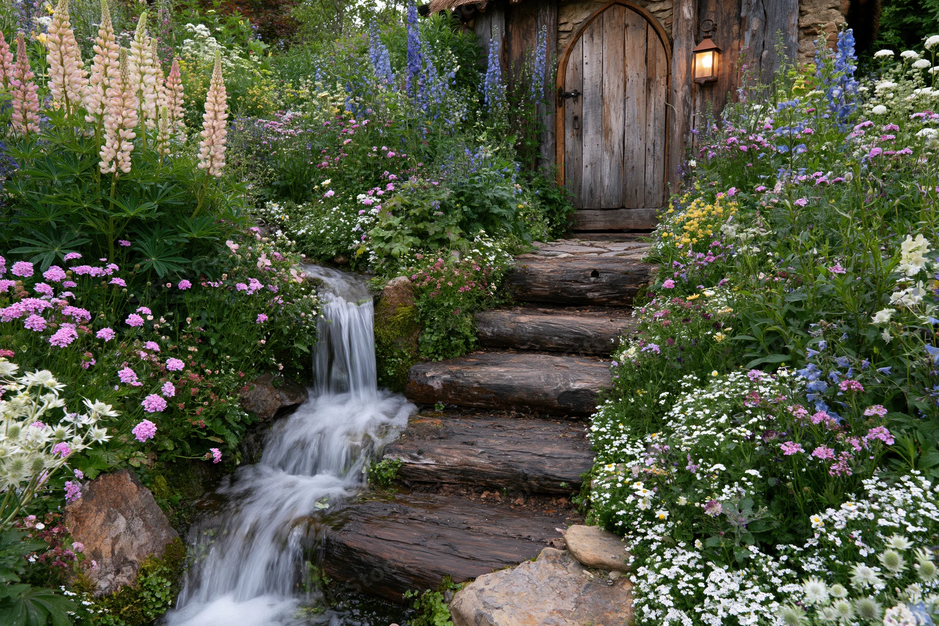 Lush cottage garden with cascading waterfall and flowering plants surrounding wooden door and log steps
