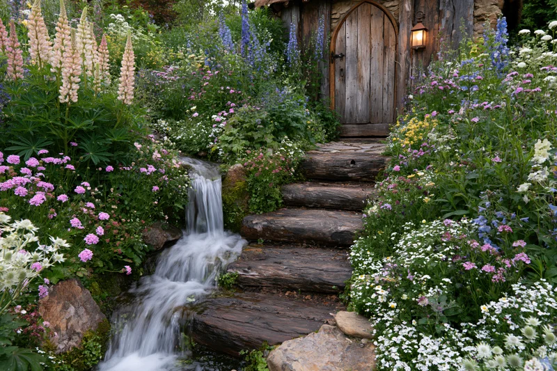 Lush cottage garden with cascading waterfall and flowering plants surrounding wooden door and log steps