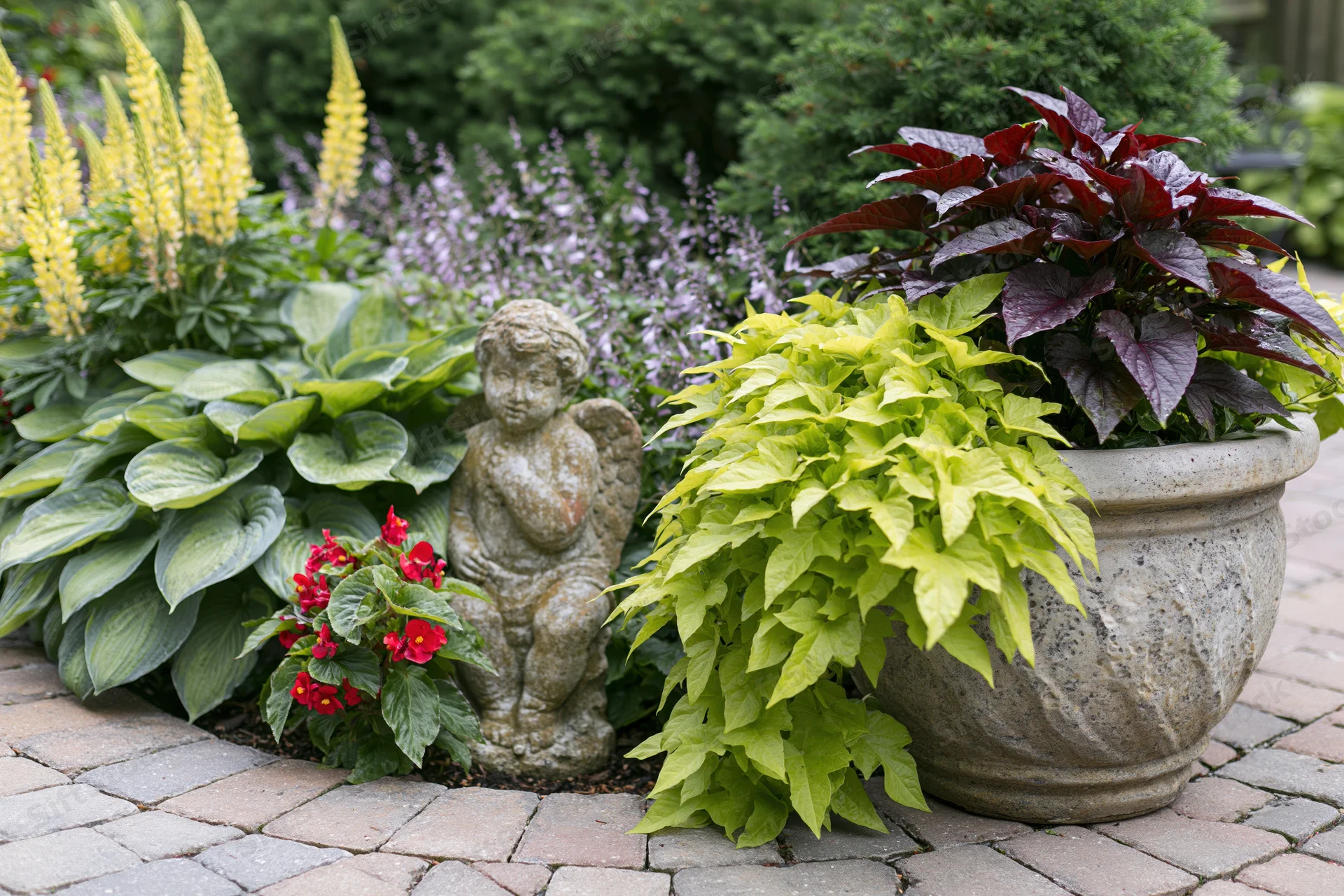 Garden border with hosta, lupine, and angel statue beside a stone planter on brick patio