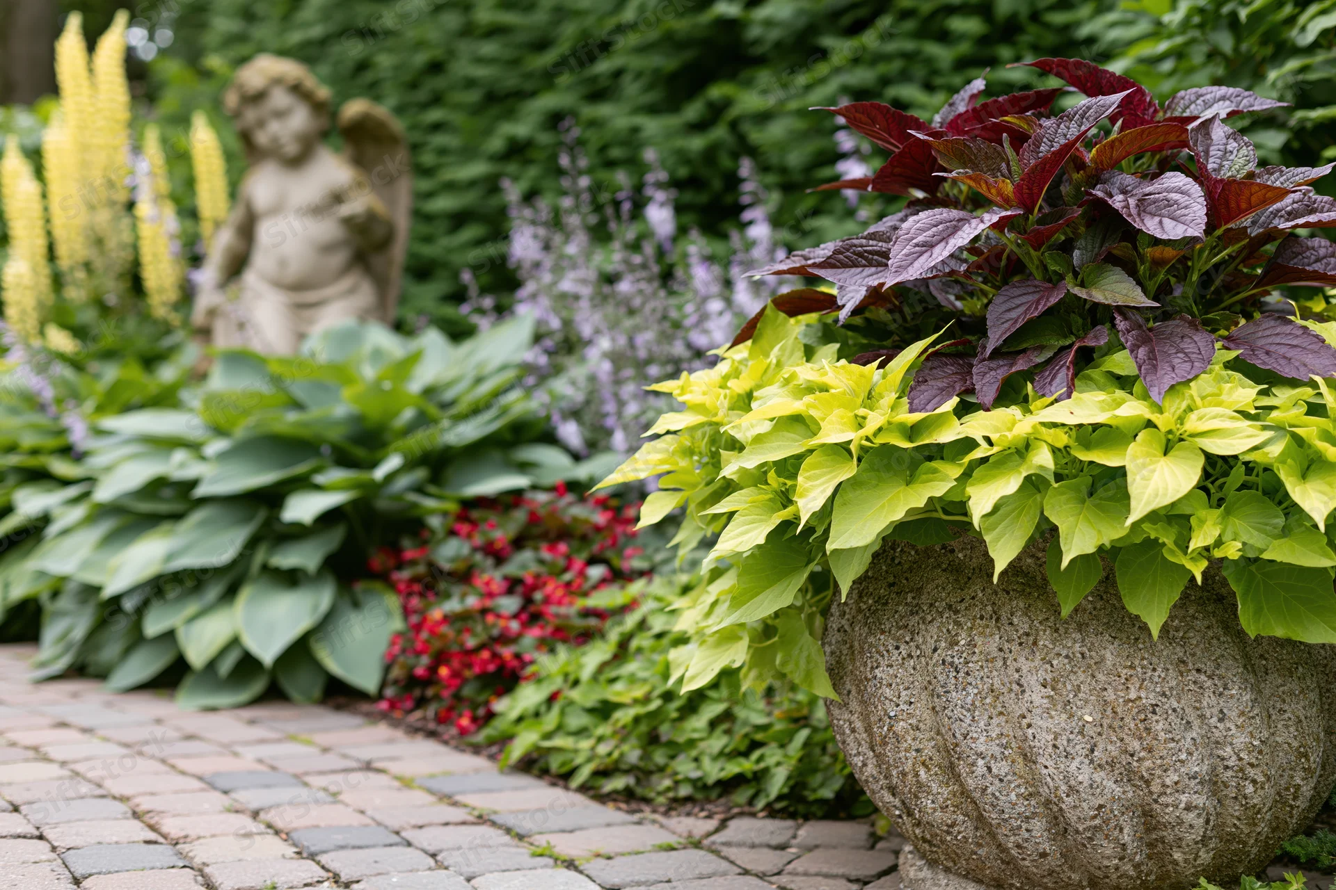 Lush garden border with hosta, lupine and flowering plants alongside a stone path and cherub statue