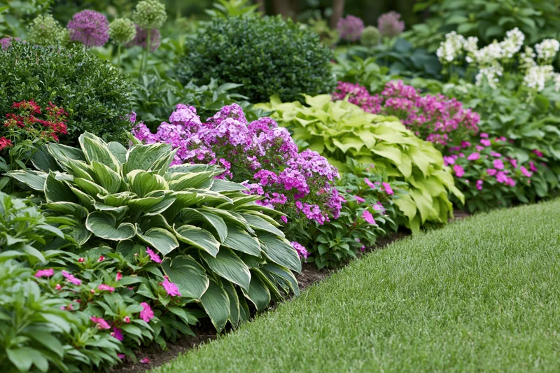 Lush mixed perennial garden border with hostas and colorful flowers alongside a green lawn