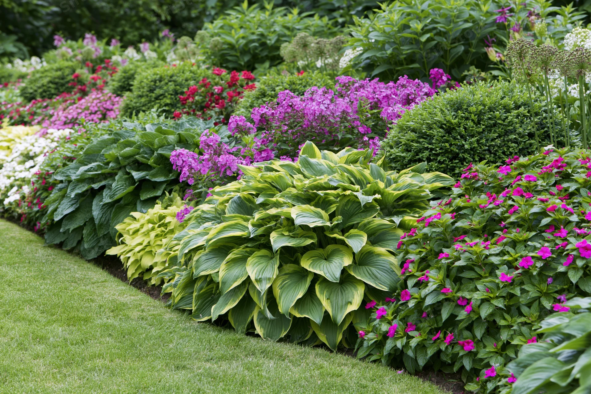 Lush perennial garden border with hostas and colorful flowers along a green lawn