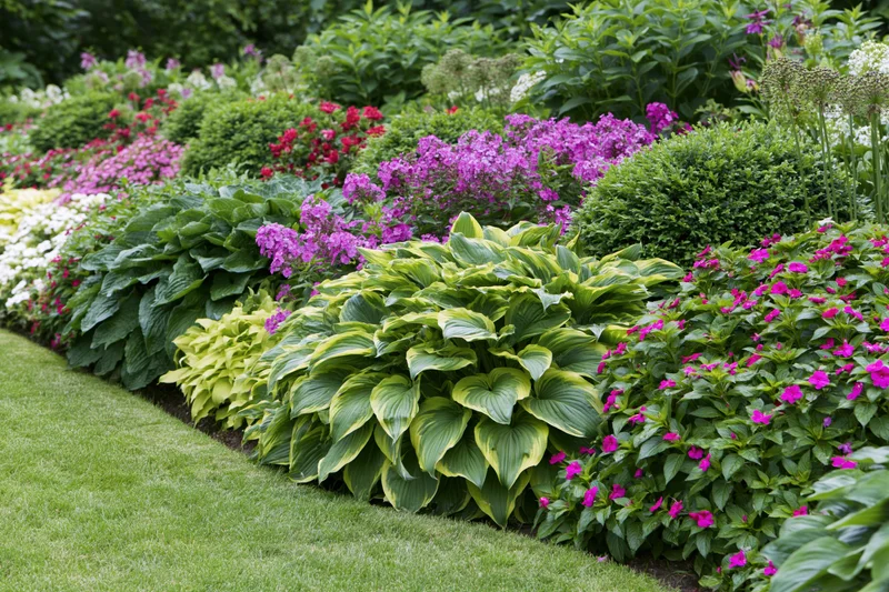 Lush perennial garden border with hostas and colorful flowers along a green lawn