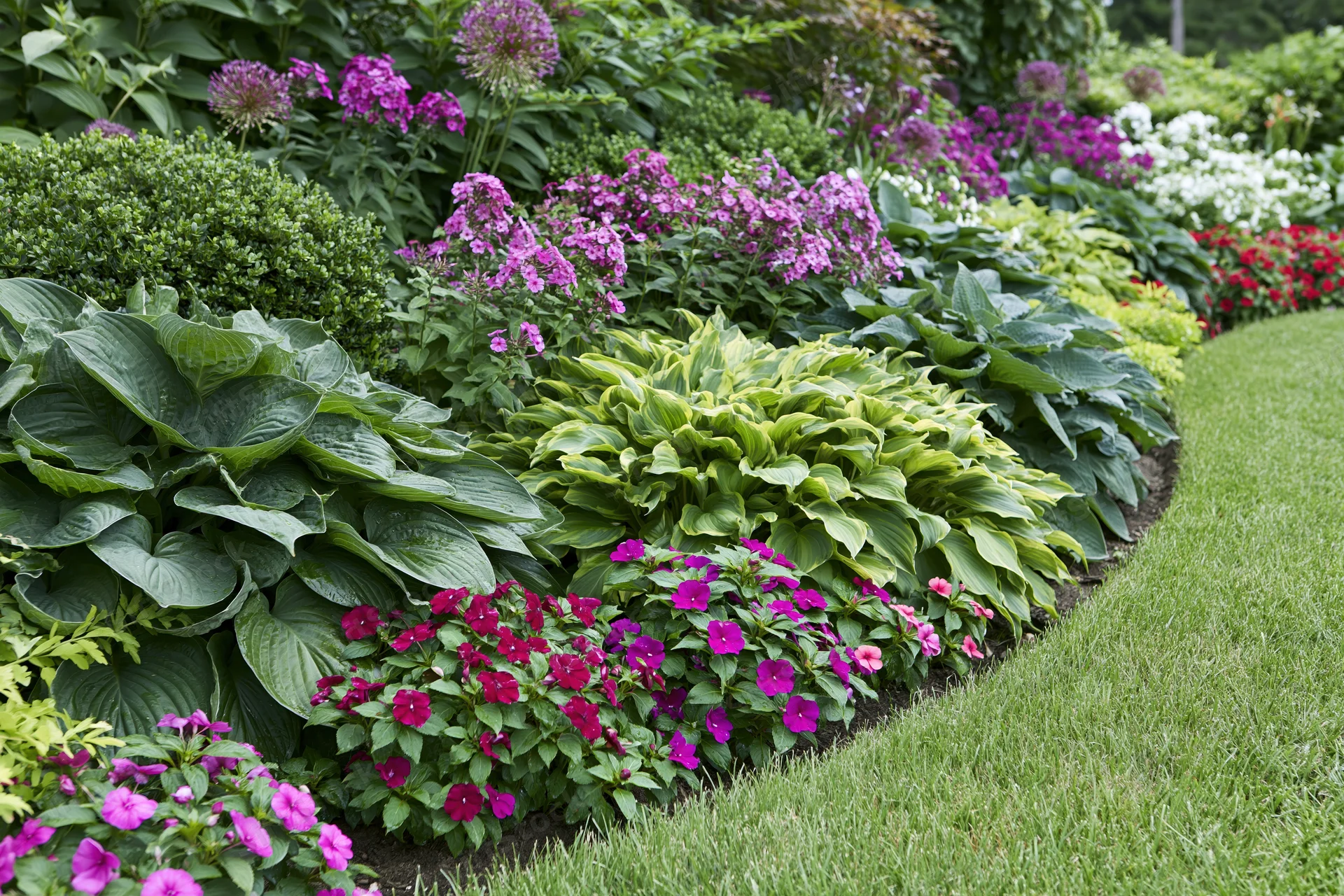 Curved garden border with hostas and colorful flowers alongside a lawn