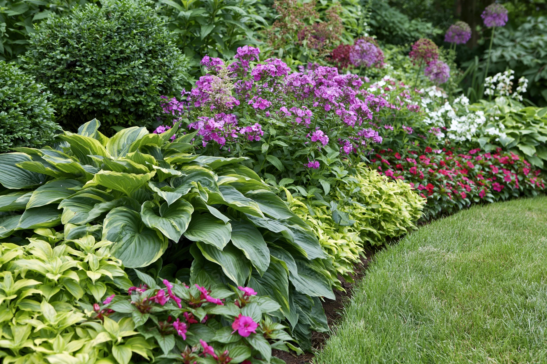 Lush perennial garden border with hostas and colorful flowers alongside a green lawn