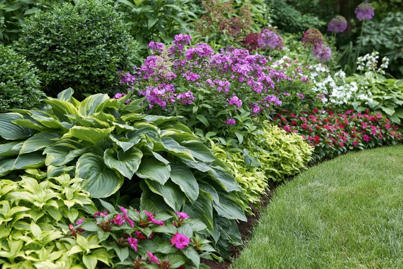 Lush perennial garden border with hostas and colorful flowers alongside a green lawn