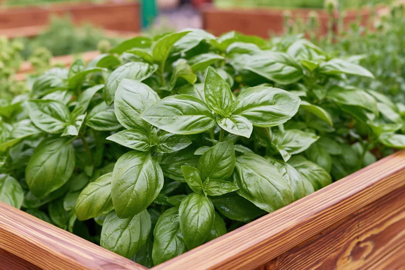 Lush sweet basil growing in a wooden raised garden bed