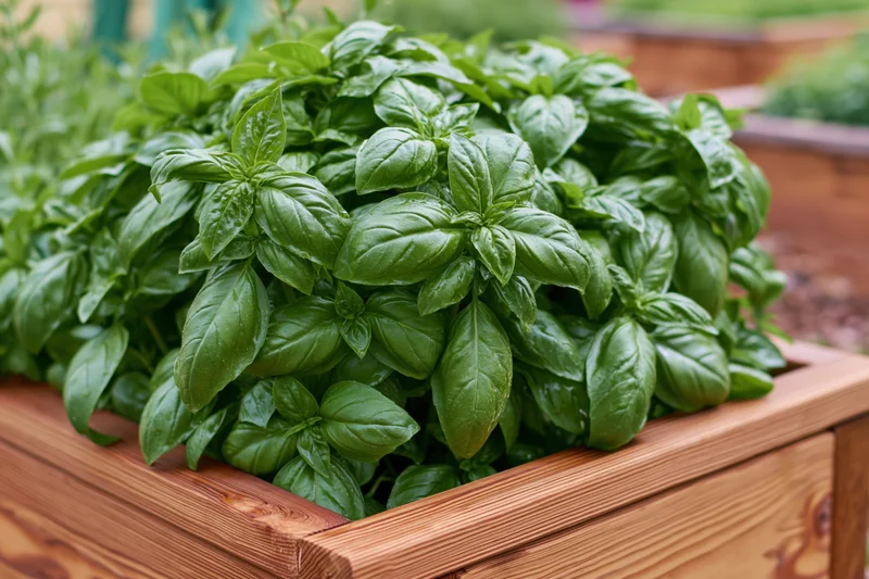 Lush sweet basil growing in a wooden raised garden bed
