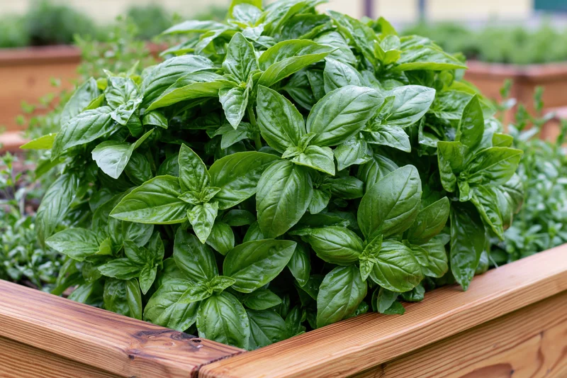 Lush sweet basil growing in a wooden raised garden bed