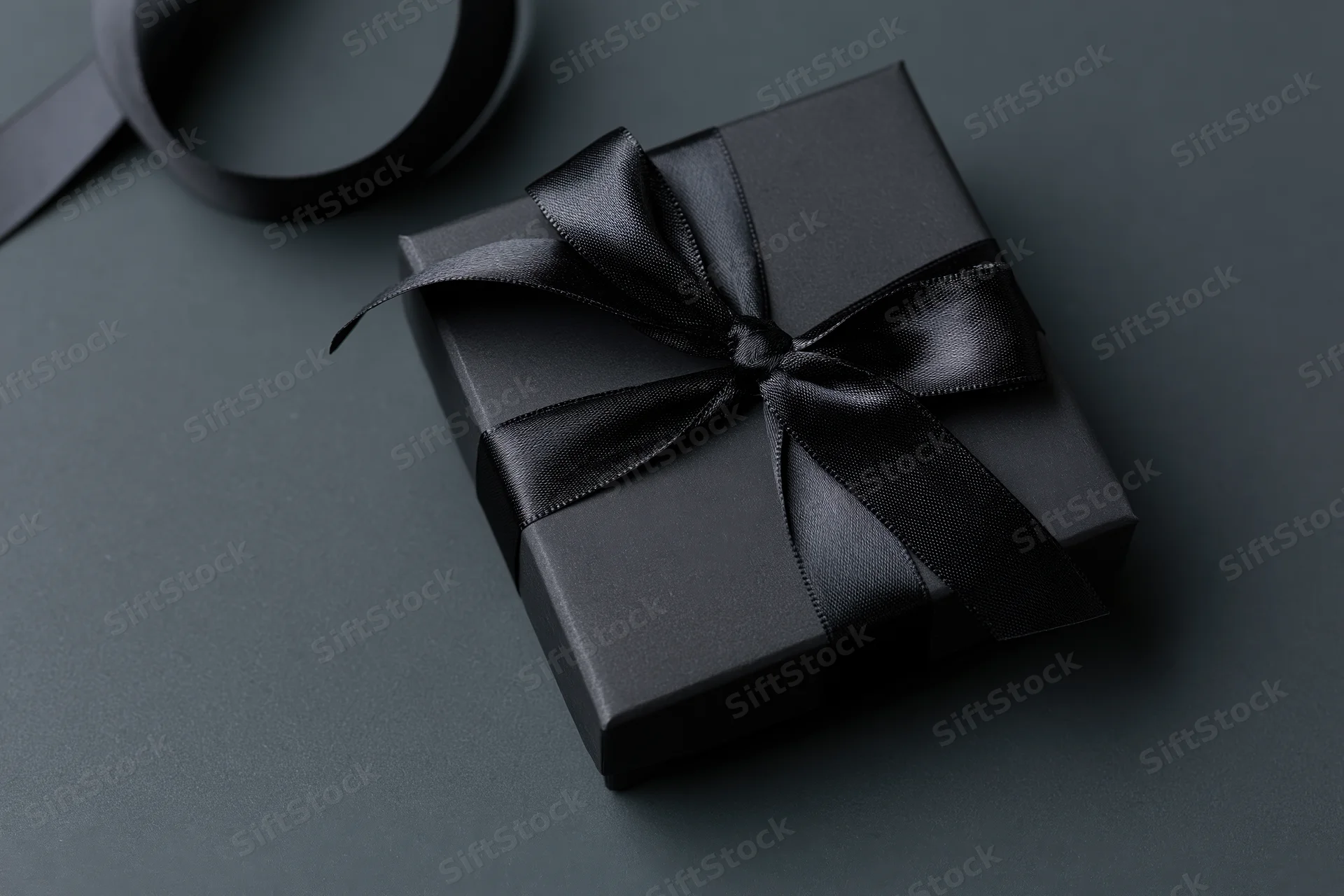 Matte black gift box tied with satin black ribbon bow on dark surface