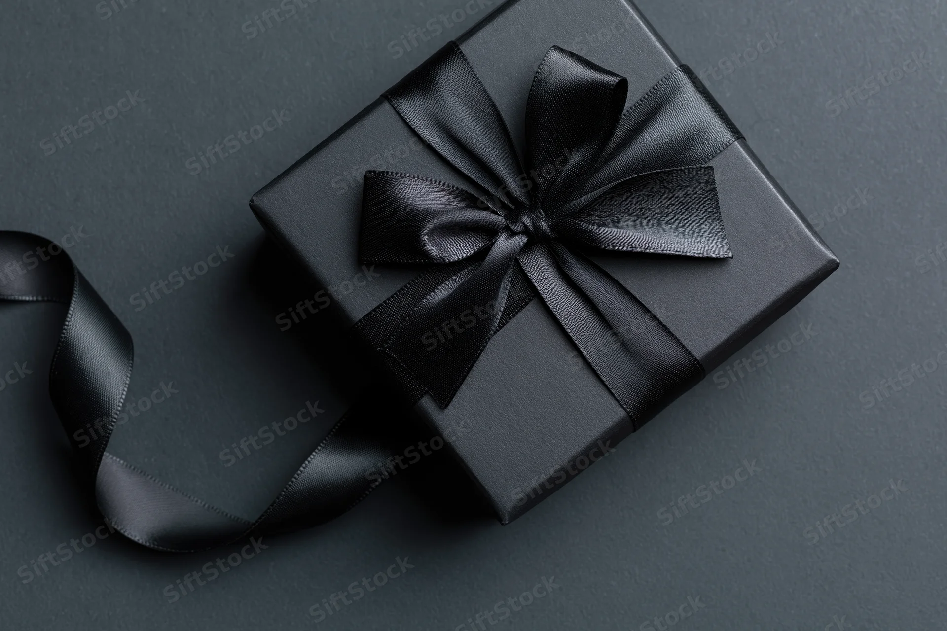 Matte black gift box tied with a satin black ribbon and bow on dark surface