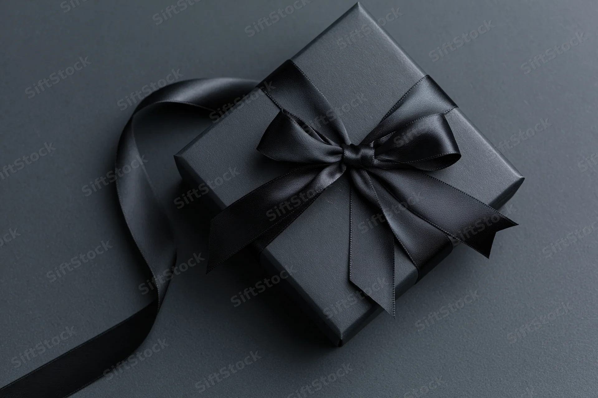 Matte black gift box tied with a satin black ribbon and bow on dark surface