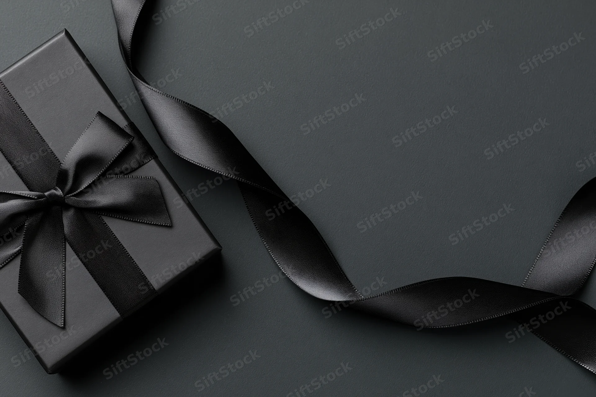 Matte black gift box with satin ribbon bow on dark surface, flat lay view