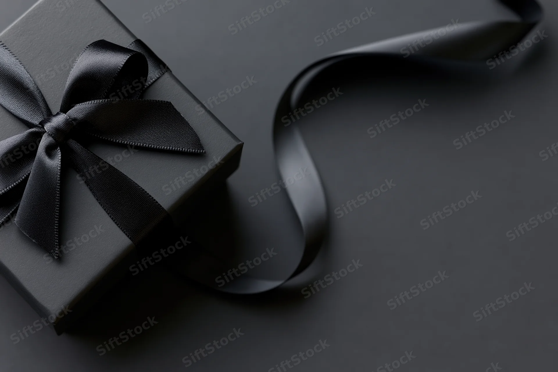 Matte black gift box with satin ribbon bow on dark surface