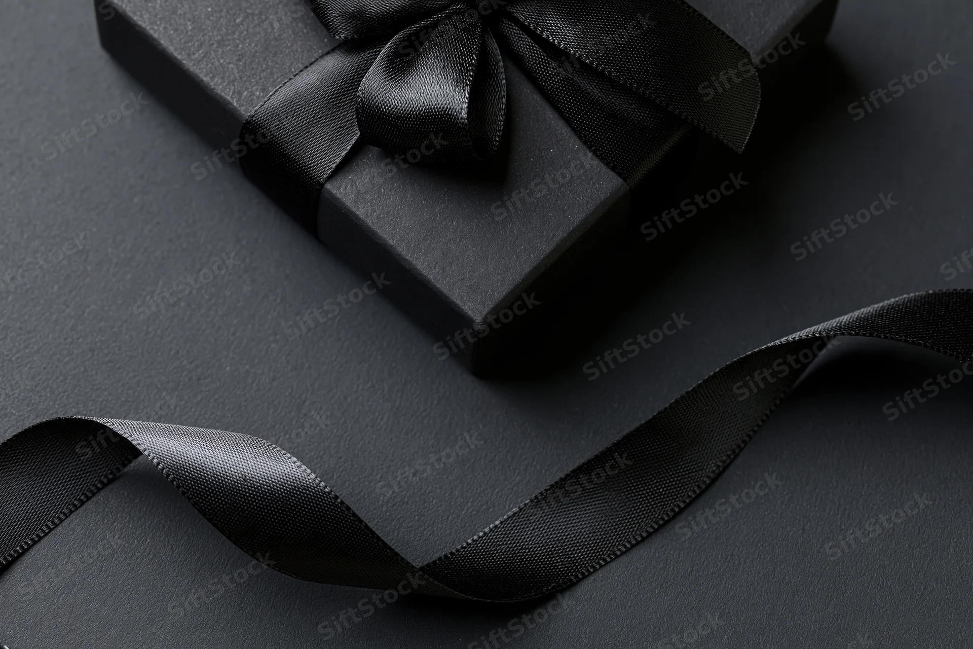 Matte black gift box with satin ribbon bow on dark surface, flat lay view